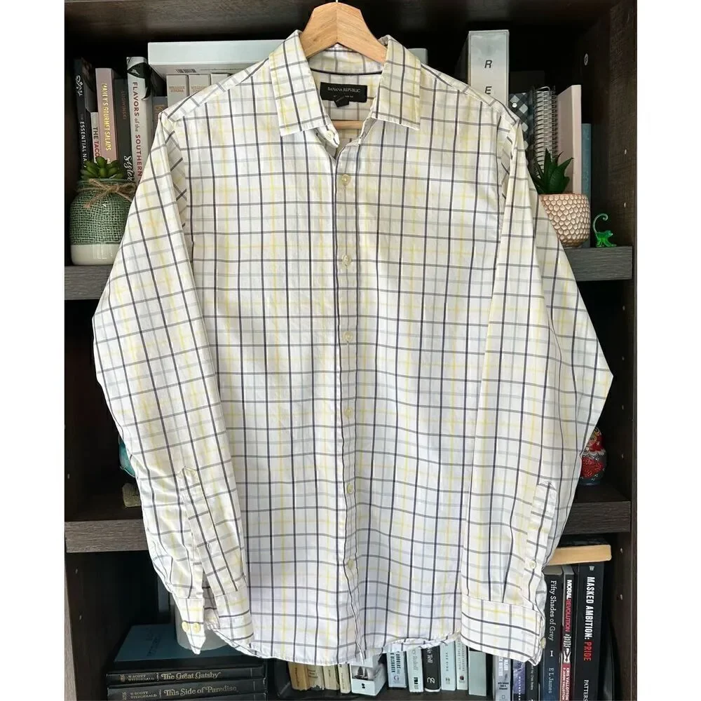 🐿️ Banana Republic White Yellow Blue Plaid Button Front Top SM 14-14.5” 32-33”